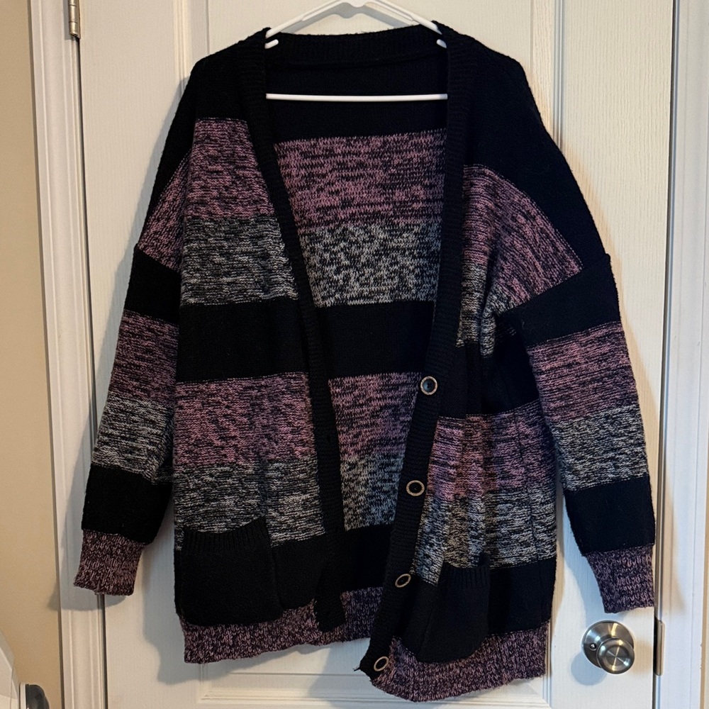Women's Black Pink/Purple Gray Striped Sweater Cardigan Size 2XL